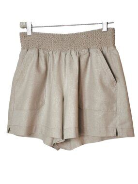 Womens Linen Shorts M Beige High-Waisted Smocked Pull On Pockets Cottagecore